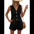 thumbnail image 1 of Conjunto de 2 Piezas con Bordado Floral y Ojales para Mujer, Pantalones Cortos de Verano, Chaleco Abotonado, Elegante e Informal para Vacaciones. Negro M, 1 of 9