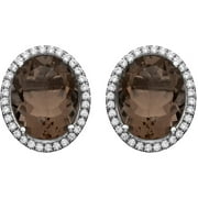 Platinum-Plated Sterling Silver Oval Single-Cut Smokey Topaz Pave CZ Earrings