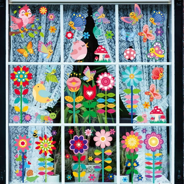 HAHADAXA 9 Sheet 112Pcs Window Clings for Kids Window Cling Sticker Spring Summer Flower Window Clings Window Decal for Home Nursery Party Supplies Shop Window Glass Display Decoration