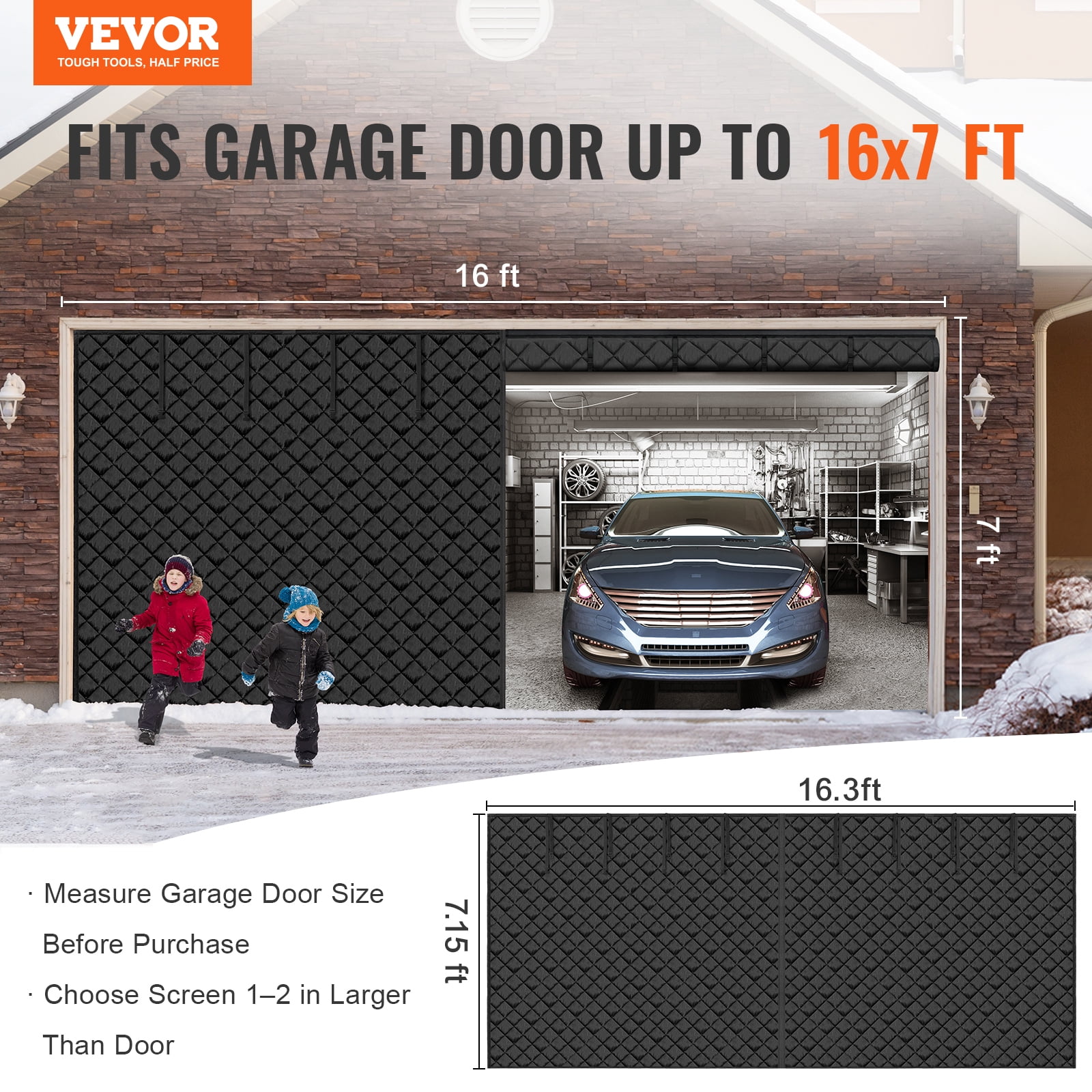 VEVOR Garage Door Screen for Winter, 16x7FT, Garage Door Insulation Kit, Magnetic Thermal Insulated Door Curtain with 300D Oxford Fabric Heavy Duty Weighted Bottom, Easy Assembly for Garage Door