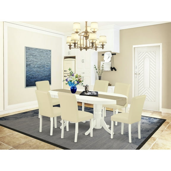 Southwestern Dining Set 7Pc - Table & 6 Chairs - Linen White Legs - PU Leather White Finish