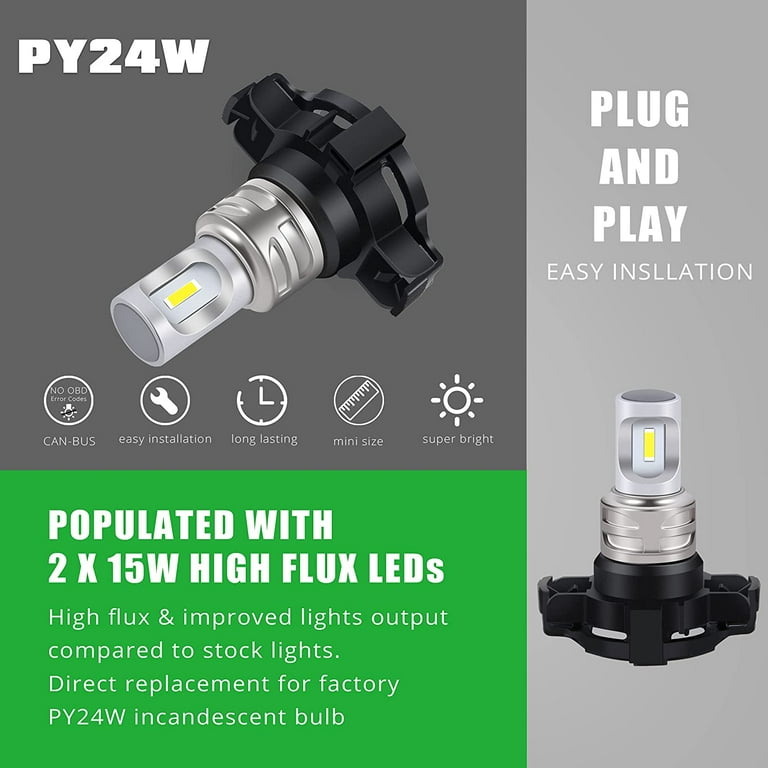 2x White PY24W LED Turn Signal Lights For BMW 335i, 328i, 528i, 535i, 550i - 6000K, 3030 SMD, IP68
