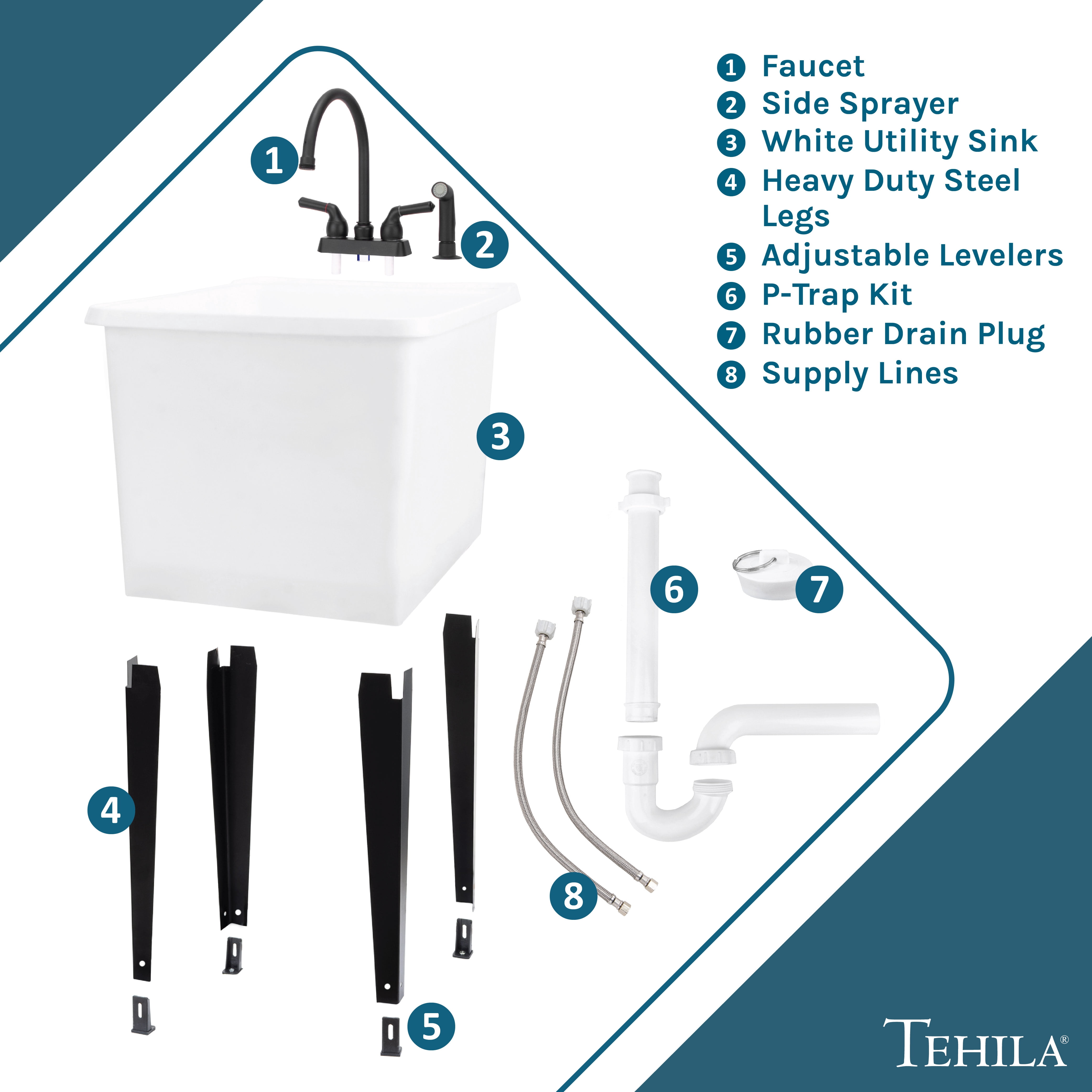 TEHILA Space Saver 16 Gallon White Utility Sink with Black Faucet & Side-Sprayer