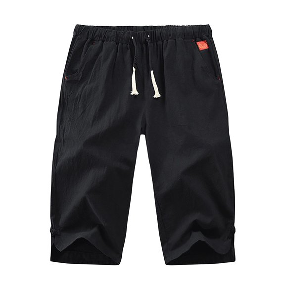 jsaierl Men's Summer Linen Five-point Shorts Breathable Loose Solid Color Pants Elastic Waist Drawstring Casual Shorts