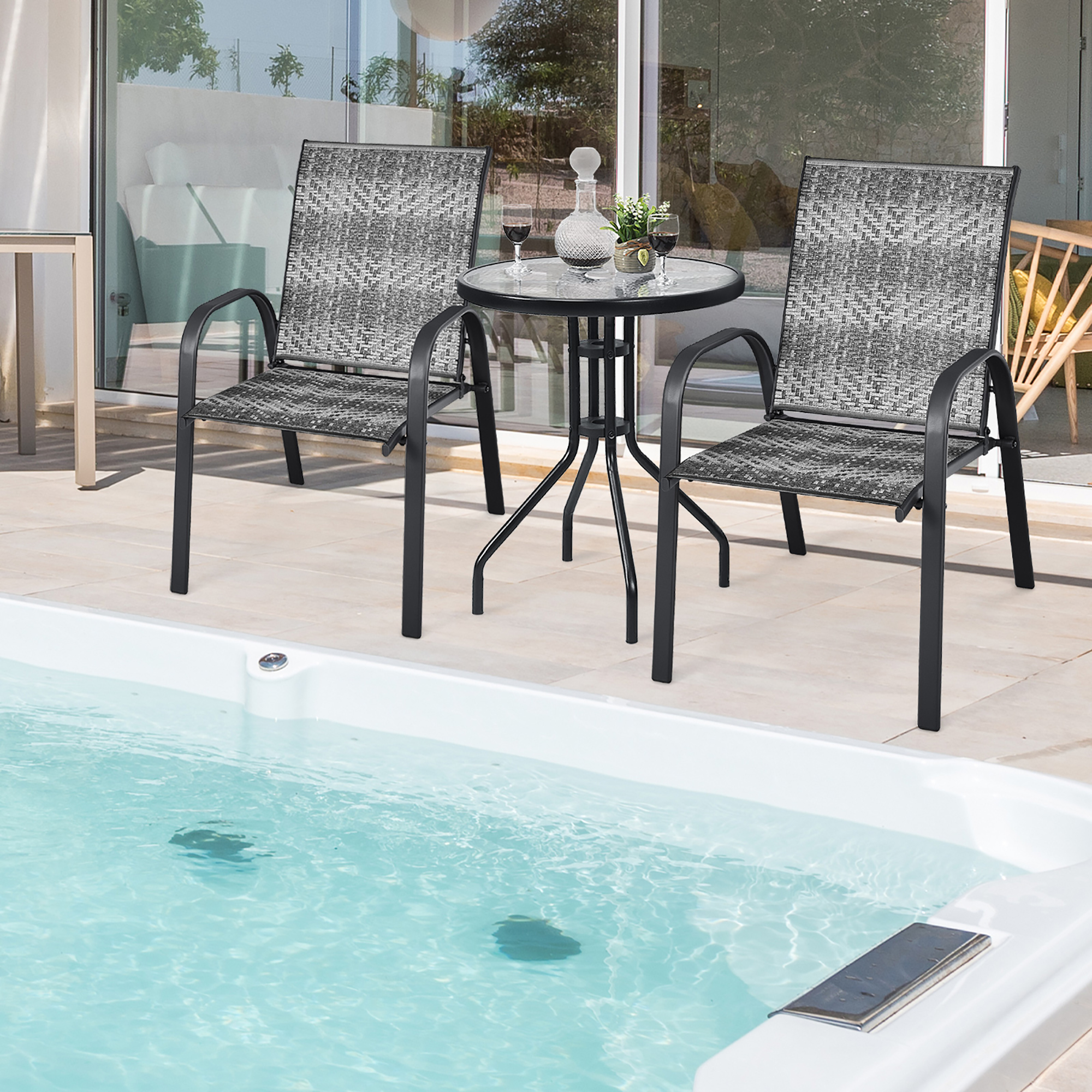 Costway Set of 6 Patio Rattan Dining Chairs Stackable Armrest Garden Mix Gray