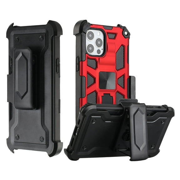 For Apple iPhone 13 Pro Max (6.7") Hybrid 3in1 Combo Holster Belt Clip with Kickstand, Full-Body Rugged Protective Military-Grade Cover ,Xpm Phone Case [Red]