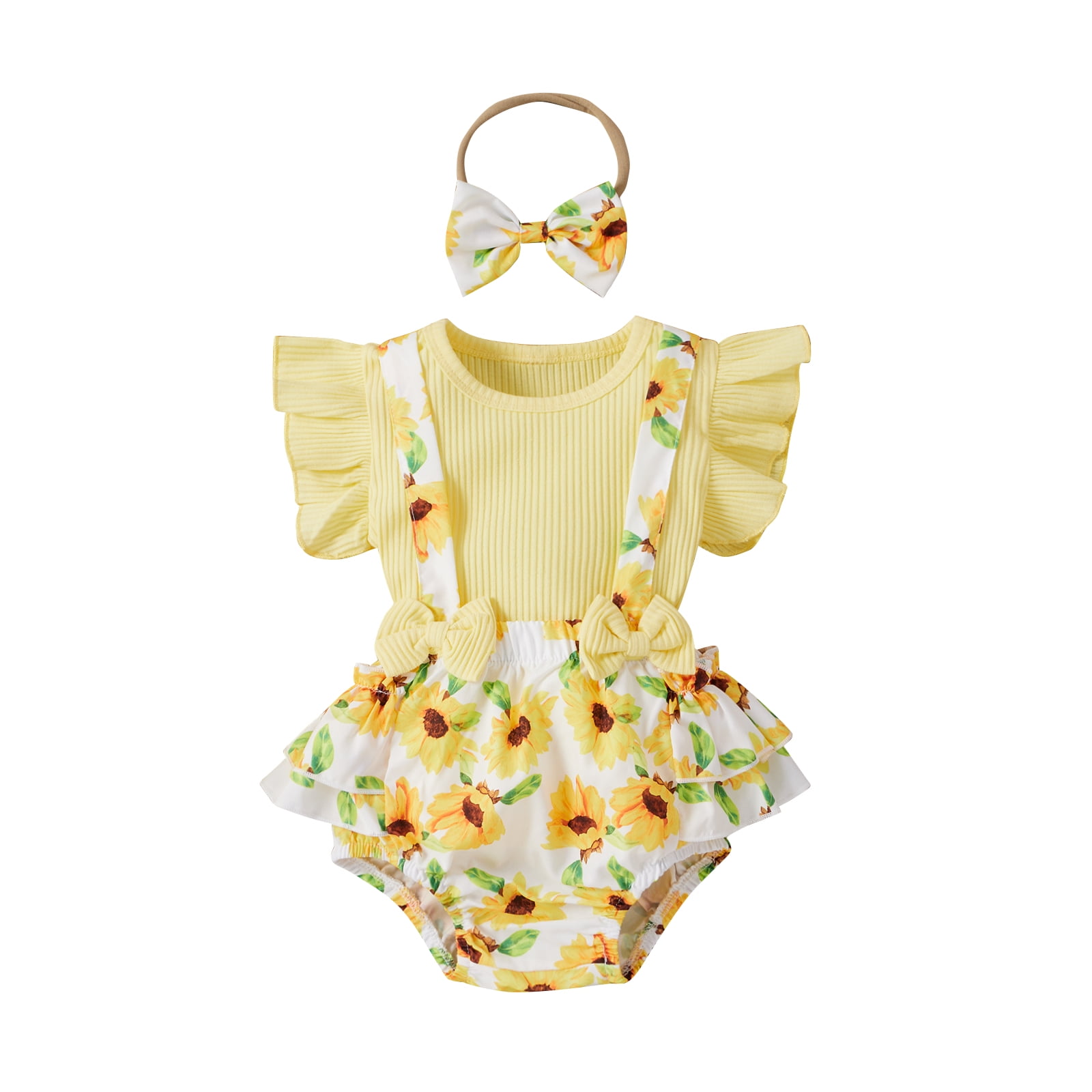 Newborn Baby Girl Summer Floral Clothes Ruffle Sleeve Ribbed T-Shirt Tops Suspender Shorts Headband Outfits 3PCS