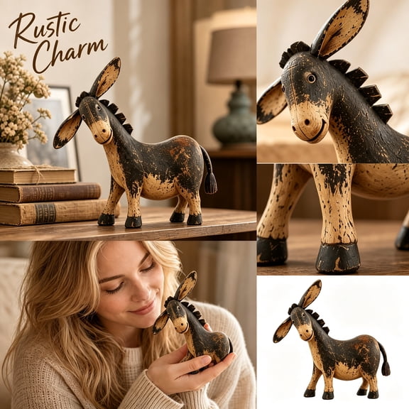 Whimsical Donkey Figurine with Expressive Ears Distressed Resin Statue Vintage Farmhouse Shelf Decor Rustic Country Tabletop Animal Ornament