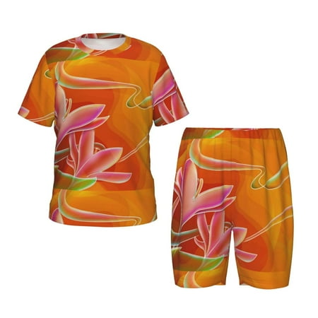 Luyuia Orange Flower Psychedelic Print Girls  2-Piece Tie-Dye Pajama Set  Cute Summer Loungewear with Shirt and Tank Shorts Nightwear-X-Large