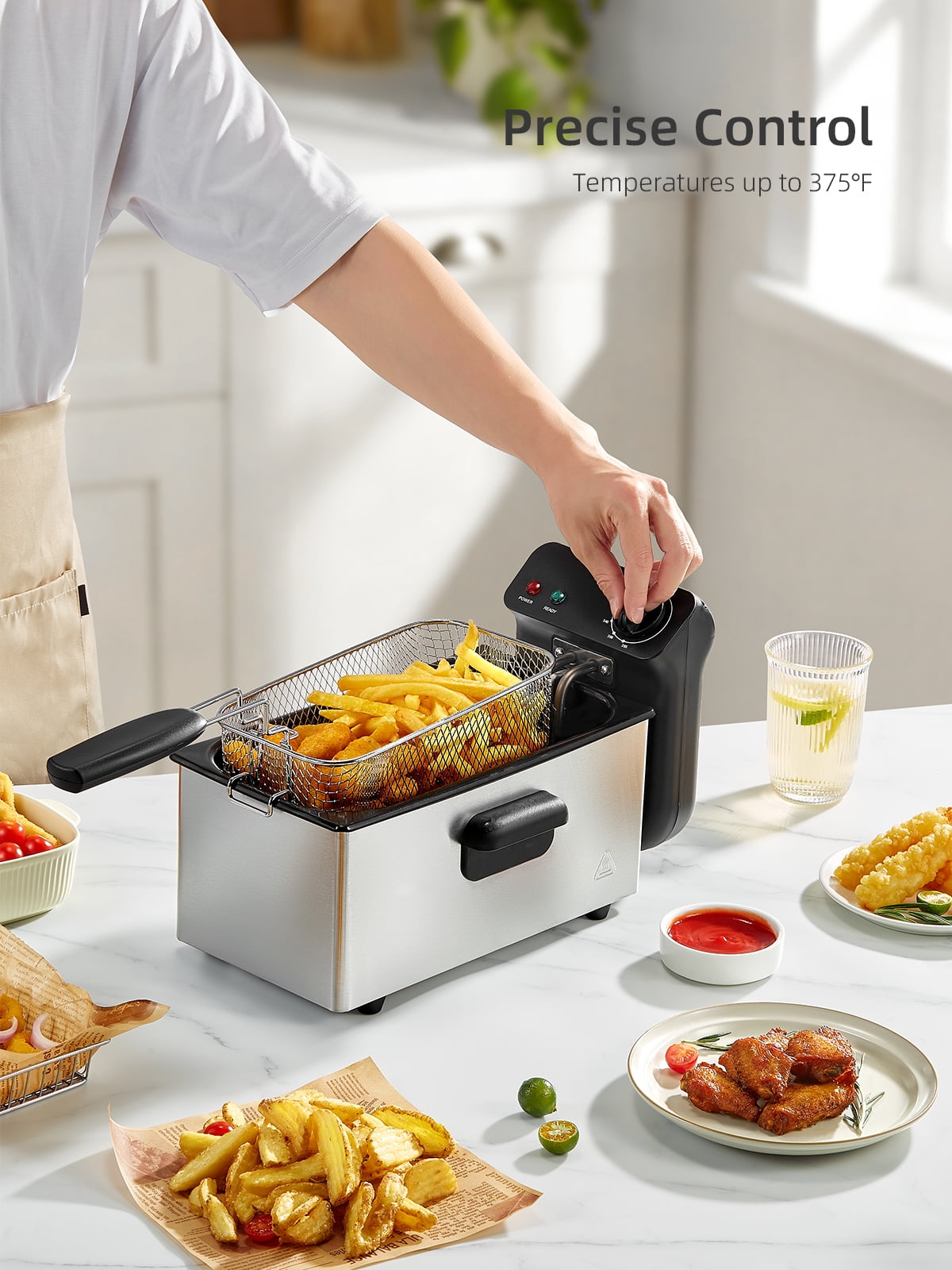 Electric Deep Fryer 3.2Qt Capacity, 1500 Watt Lid with Viewing Window and Odor Filter, Adjustable Temperature, Removable Frying Basket and Easy to Clean Stainless Steel Body, Silver