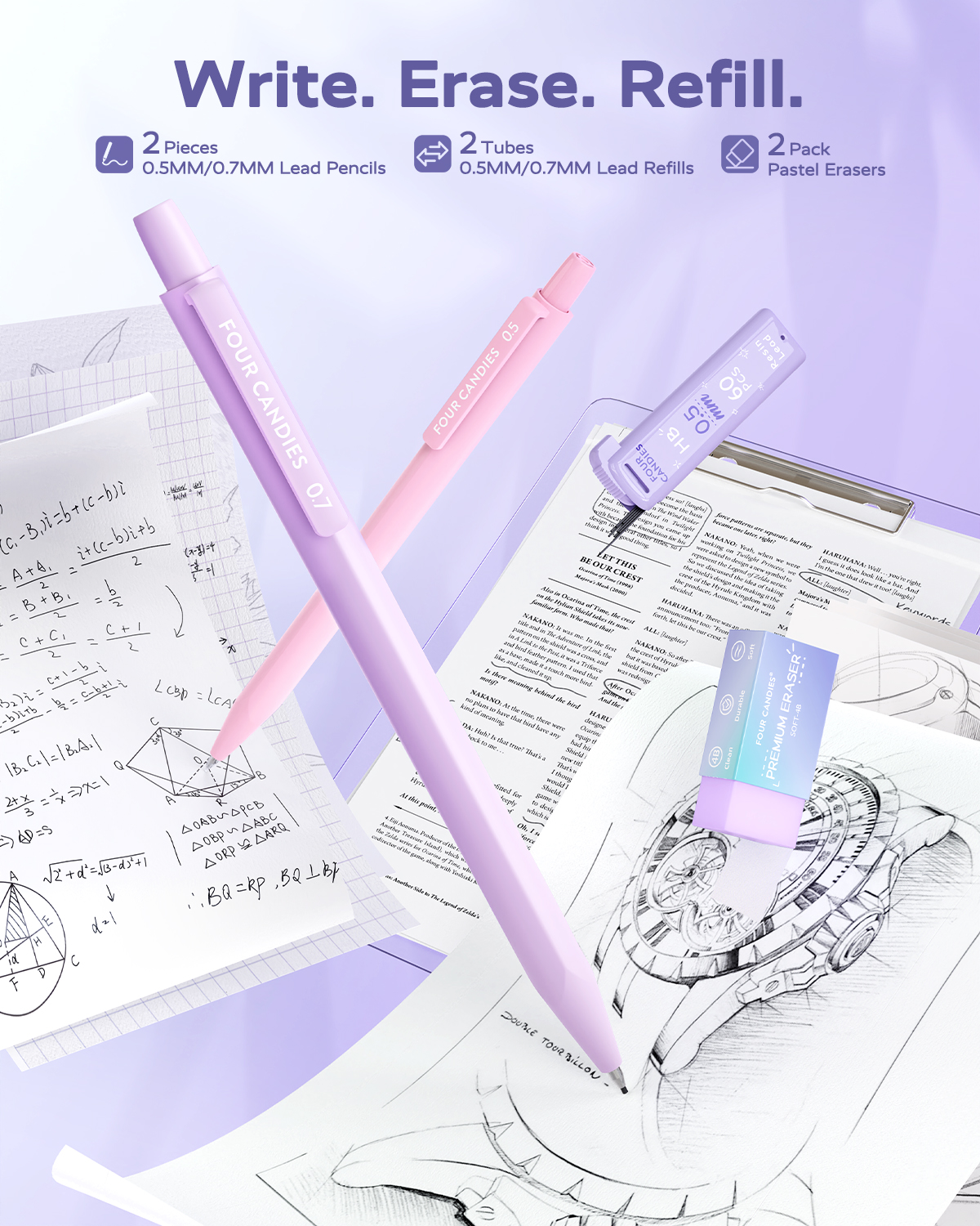 Four Candies Aesthetic Supplies Kit with Purple Pencil Case photo 3