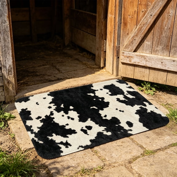 Cow Print Bathroom Mat Super Absorbent Quick Drying Rug Non-Slip TPR Backing Shaggy Door Mat - Machine Washable Entryway Floor Decor 15.7x23.6in - Black