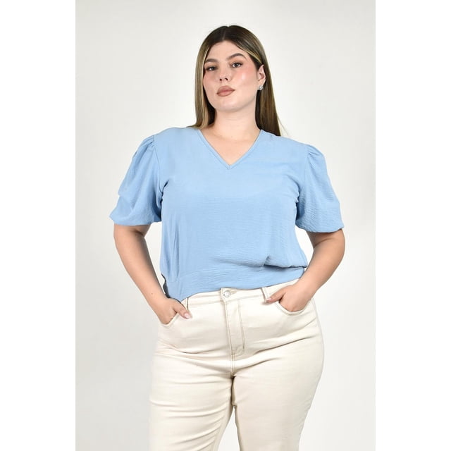 Blusa con manga abullonada Roman Fashion /Tallas Extras, 0402 (Azul) azul cielo 40