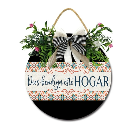 Dios Bendiga Este Hogar Front Door Sign Funny Wreaths Hanging Wooden Plaque Decoration Round Rustic Wood Farmhouse Porch Decor for Home Front Door Decor, 11 x 11 Inch