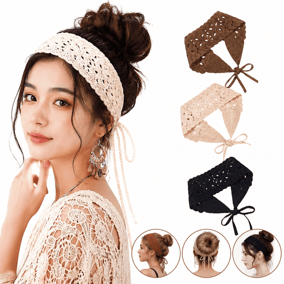 3 Pack Boho Crochet Knit Headbands for Women, Bandana Headband Hair Scarf Head Scarf, Lace Crochet Accessories Soft Elastic Hair Accessories for Women’s Hair