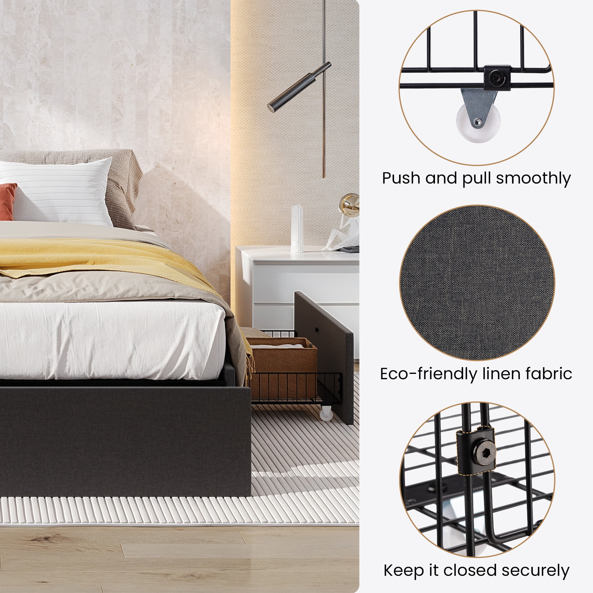 SHA CERLIN Dark Grey Queen Size Platform Bed Frame with 3 Storage Drawers, Adult