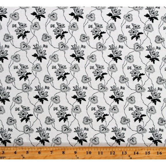 Cotton Black Floral Flowers Trailing Vine Leaves on White Historical Reproduction American Civil War Scarlett by Mary Koval Cotton Fabric Print by the Yard (51848-3)