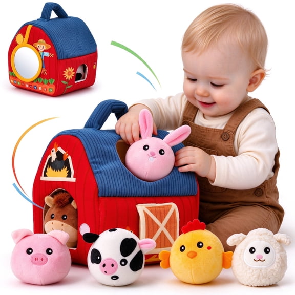Baby Toys 6-12 Months - Surprise Barn Stuffed Farm Animals, Rattle, Crinkle, Mirror, Montessori Toys for 6 Month Old Sensory Balls 1-3 Plush Baby Valentines Day Gifts Easter Basket Stuffers