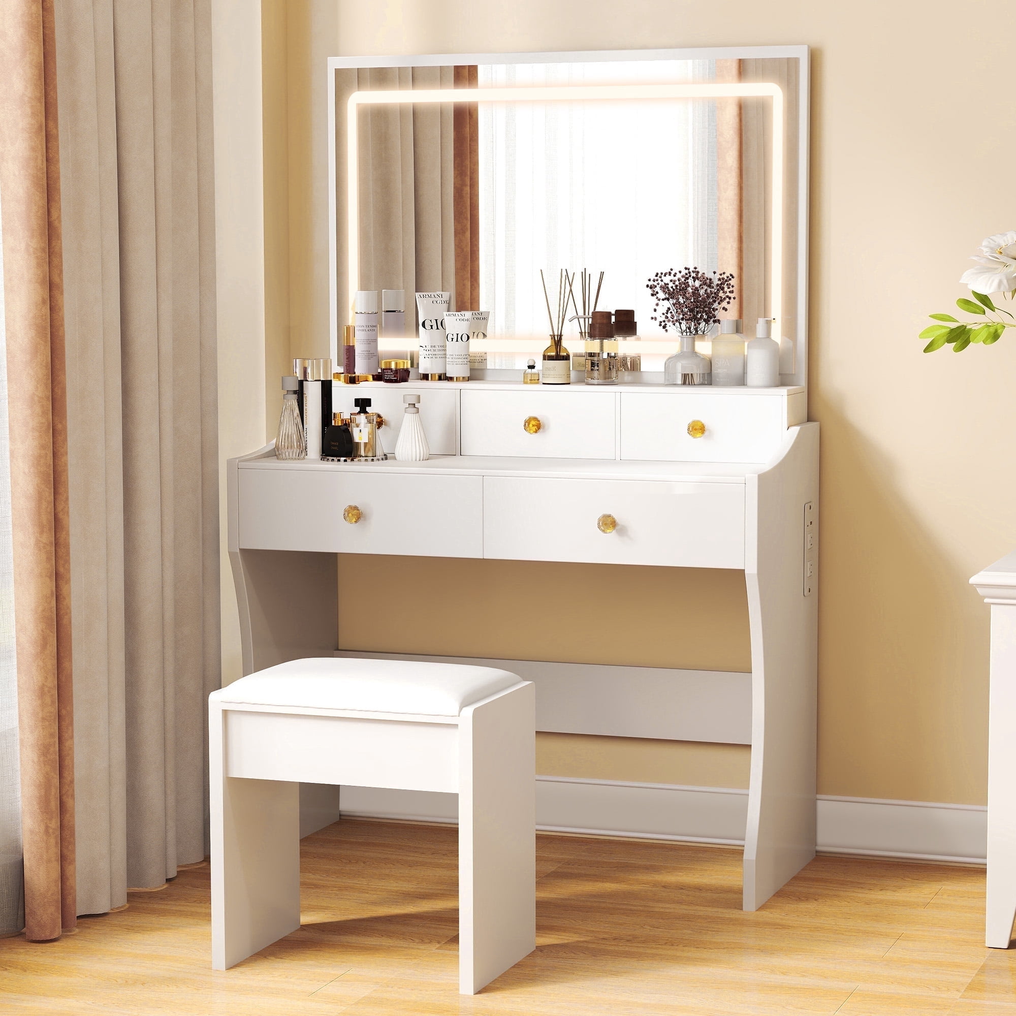 COMHOMA Makeup Vanity Desk with Mirror and Lights, Vanity Table and Chair Set with 5 Drawers and Charging Station, White