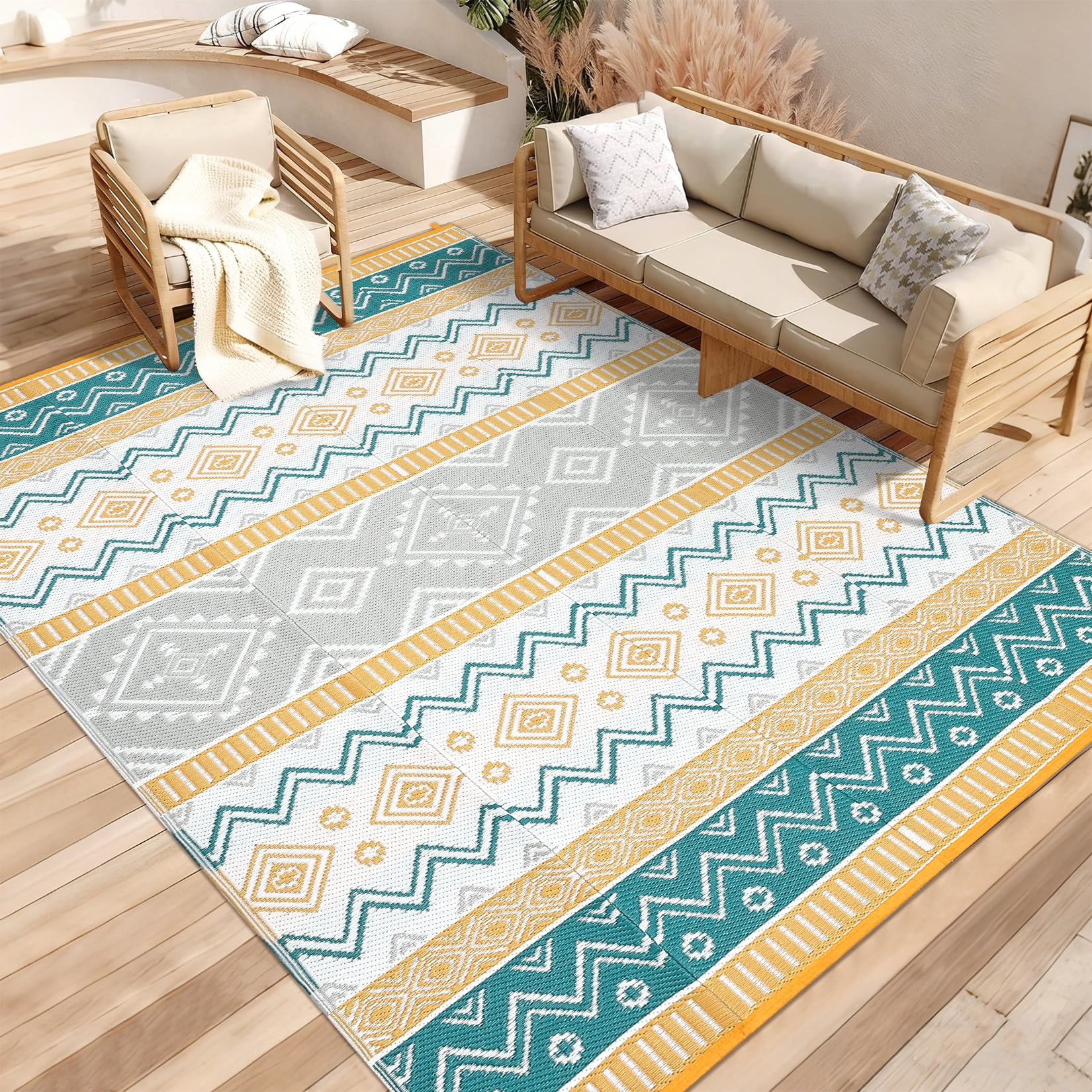 Garvee Outdoor Area Rug 9'x18' Waterproof Outdoor Carpet, Boho Plastic Straw Rug RV Mat for Picnic, Deck, Balcony, Beach, Patio, Multicolor