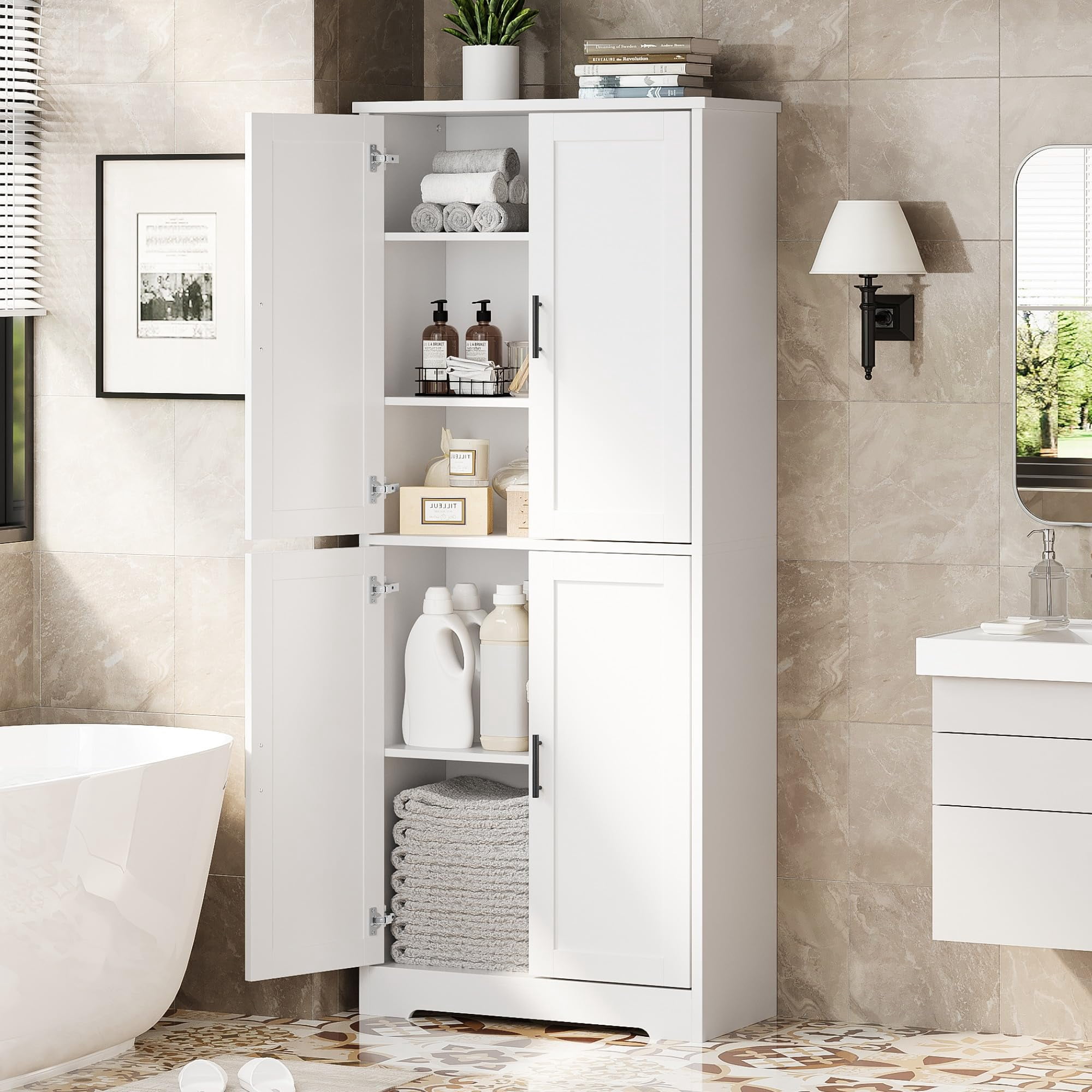 BouPower Pantry Cabinet,70" Tall Kitchen Pantry Cabinet with 2 Doors and 3 Adjustable Shelves, Freestanding Cupboard, Modern Tall Storage Cabinet for Bathroom, Dining Room, Living Room