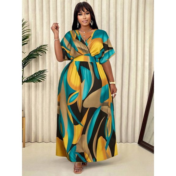 Blue Yellow Plus Size Women V-Neck Wrap Maxi Dress With Abstract Leaf Print Casual Elegant Summer Dress