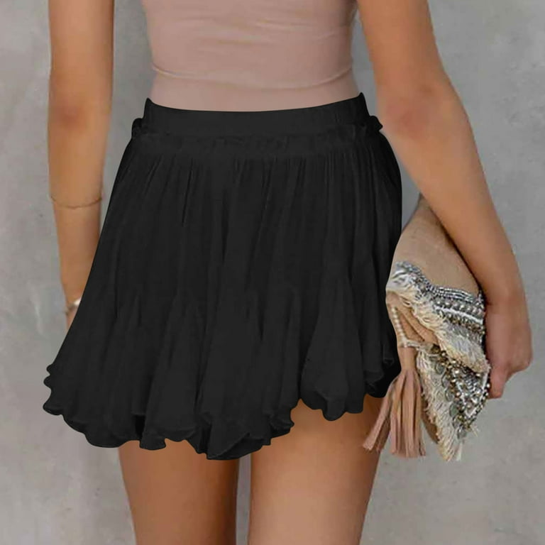 パンツ SHALOU BLACK PLEATED SKIRT PANTS ZQUUVOU Women's Skort Summer Solid Color Lace Pleated Skirt Pants