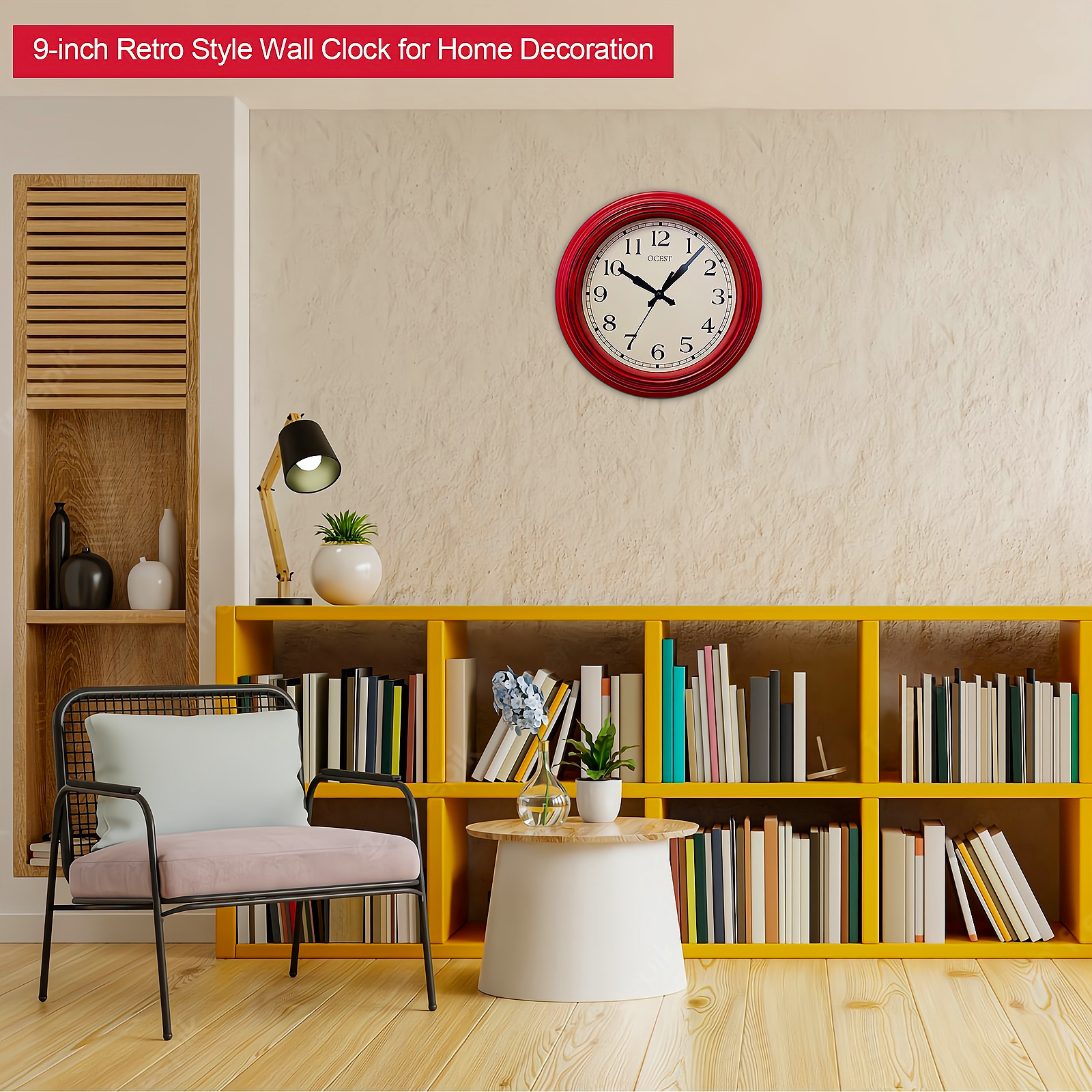 OCEST 9-Inch Retro Red Wall Clock photo 2