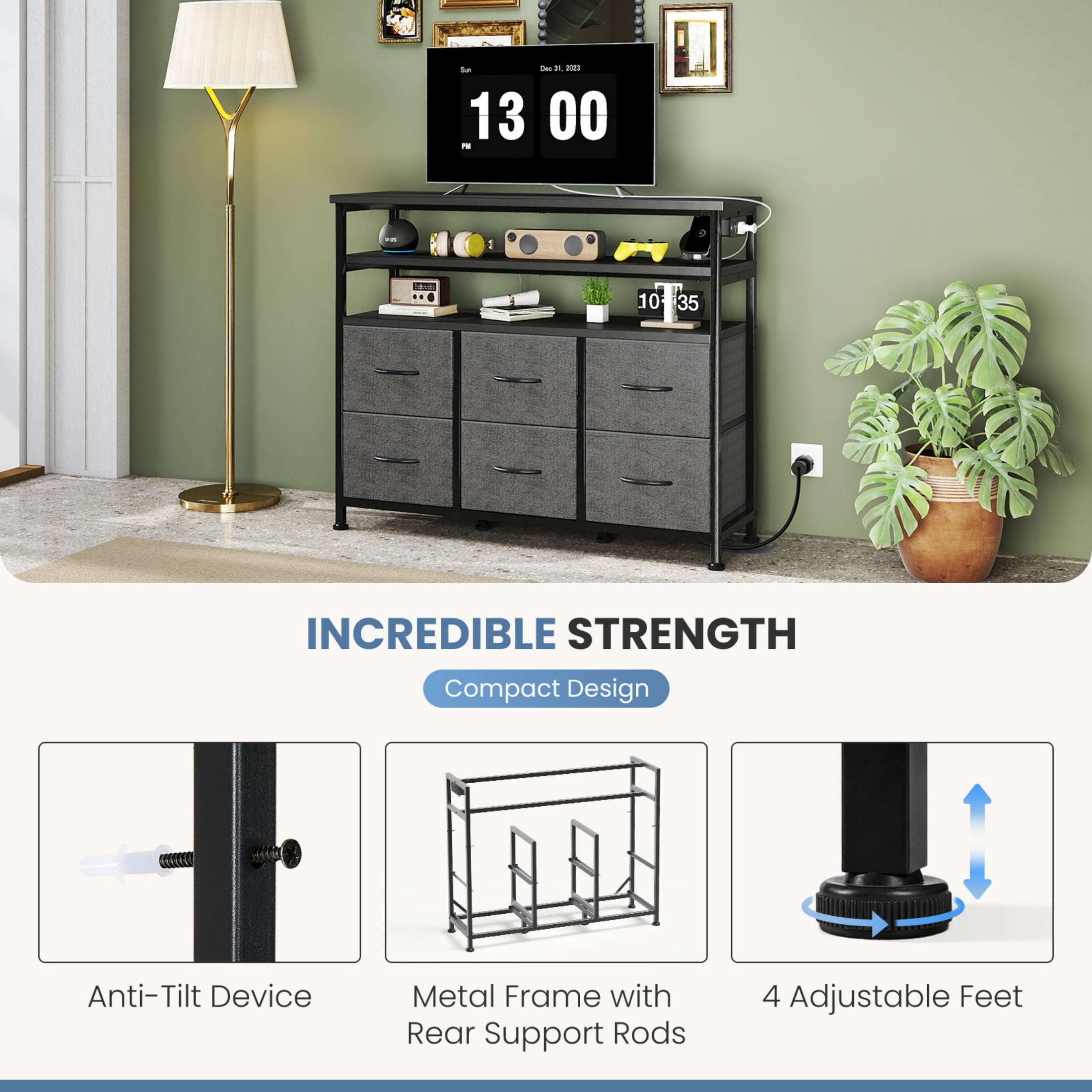CONCETTA 39-inch TV Stand with RGB LED Lights & UL-Certified Charging Station, 6 Fabric Drawers, Fits up to 45-inch TVs, Gray