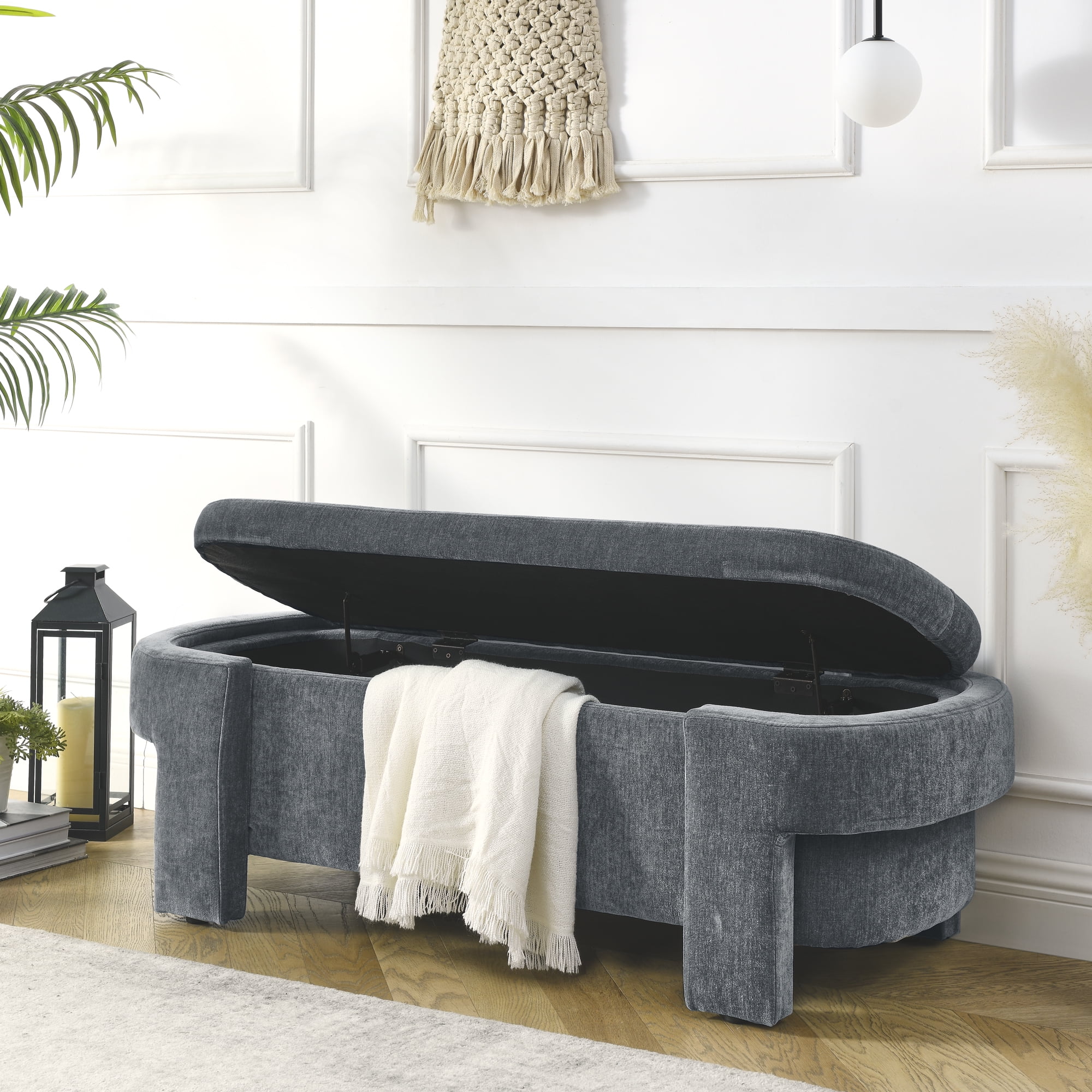 BSHTI Linen Fabric Upholstered Bench with Large Storage Space for the Living Room, Entryway and Bedroom,Dark Gray