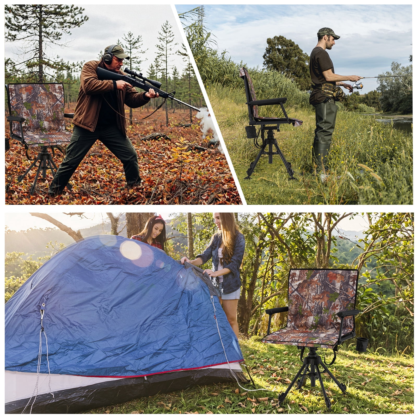 Bezliving 360° Silent Camo Hunting Blind Chair, Armrests, Side Pouch, Telescopic Legs