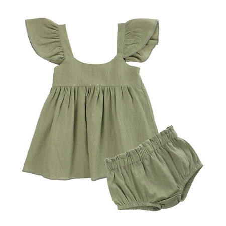 

TheFound Newborn Baby Girls Summer Outfits Cotton Linen Solid Sleeveless Ruffle Shirt Tops+Shorts Pants Infant Clothes