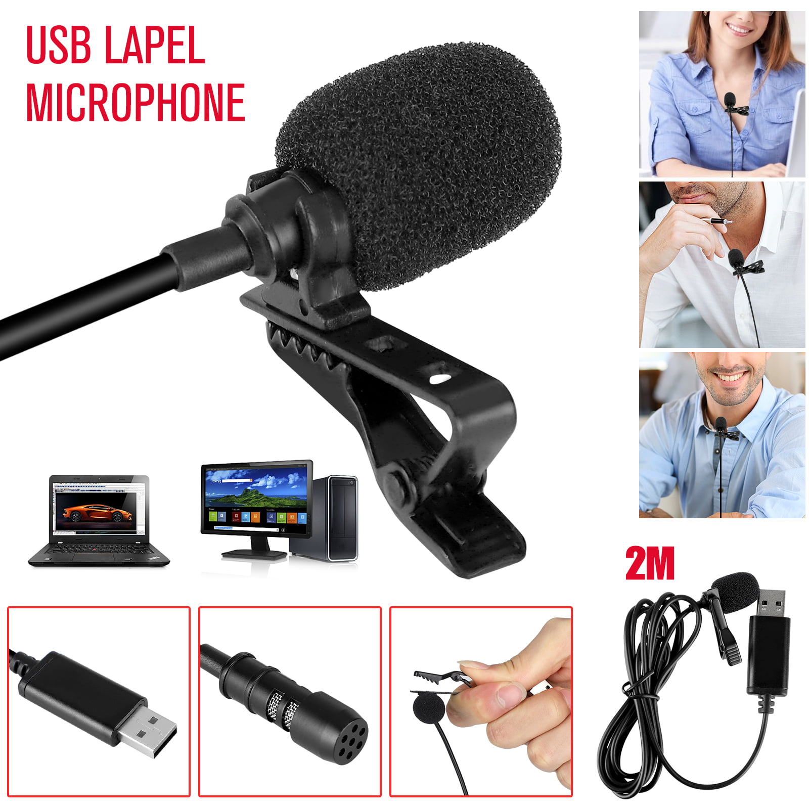 Portable Professional Clip-on Microphone Omnidirectional with Storage Bag for Recording Youtube/Interview/Video Conference etc Mini Lapel Microphone USB