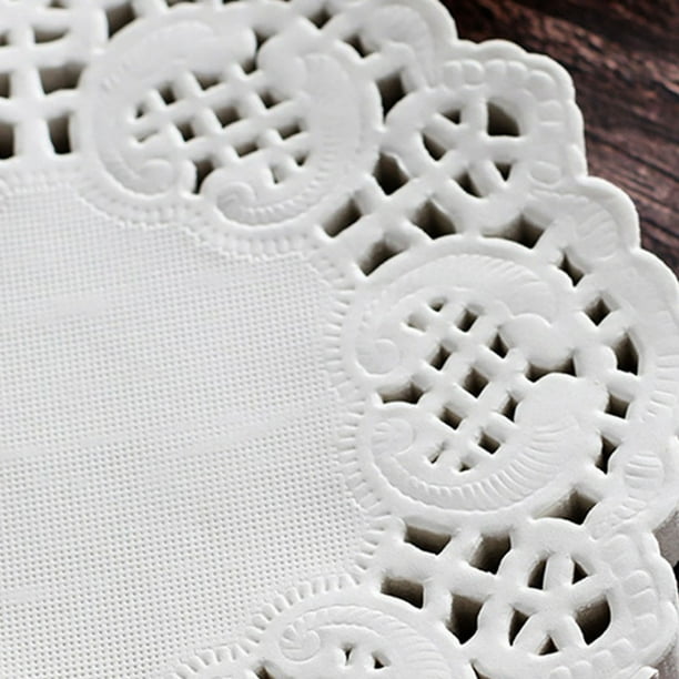 150 servilletas de papel redondas de encaje blanco desechables con flores huecas, papel absorbente de aceite para frituras, pizzas, postres y pasteles. 150 servilletas de papel absorbente de aceite.