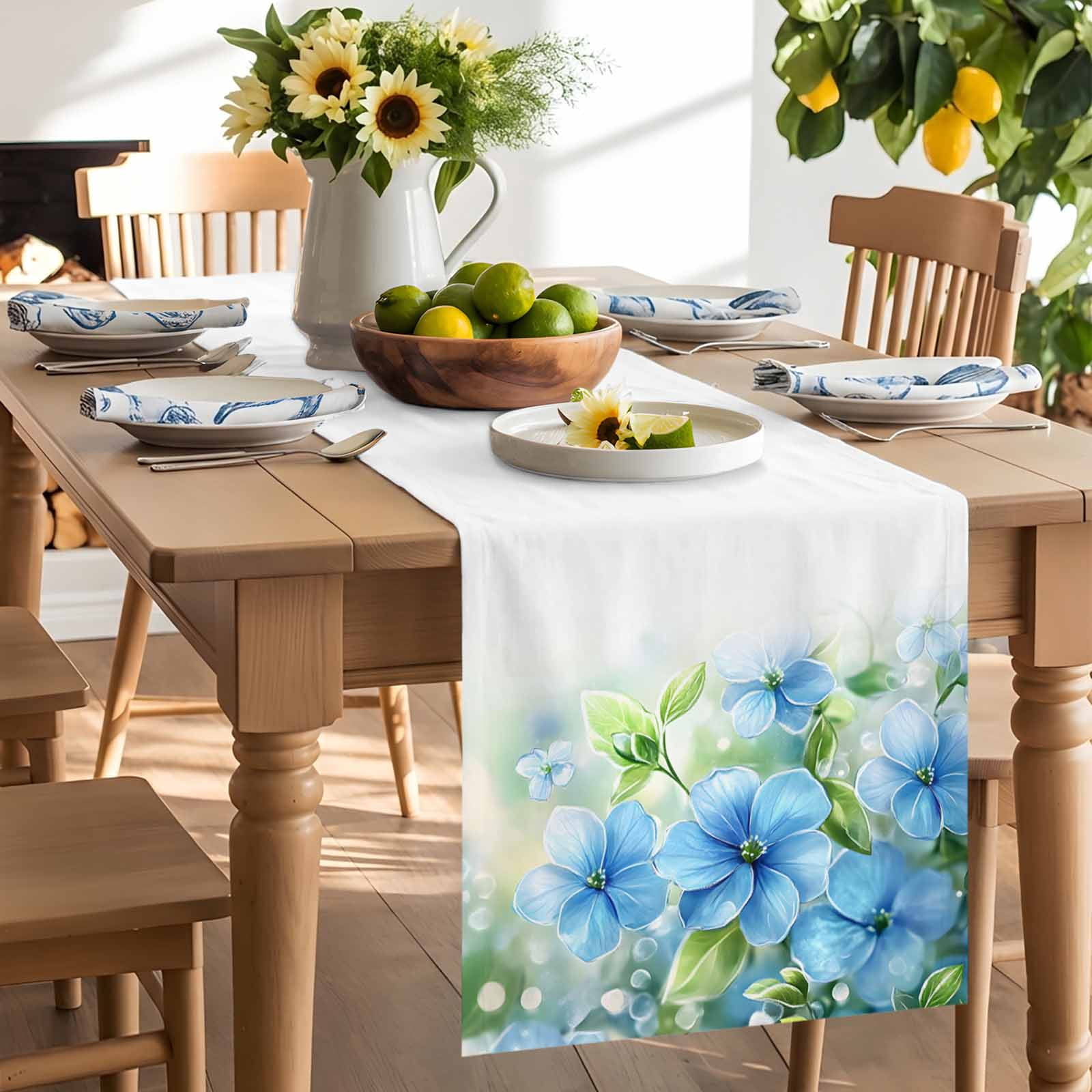 Watercolor Spring Blue Flower Green Leaves Table Runner 90 Inches Long, Pastoral Floral Table Runners Tabletop Scarf Kitchen Dining Tables Decoration for Home Party Indoor Outdoor