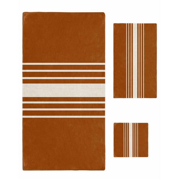 Burnt Orange Beige Striped Towel Set of 3, Soft Microfiber Bath Towels, Hand Towel, Washcloths, Modern Farmhouse Retro Lines Quick-Dry Absorbent Towels for Bathroom Kitchen Hotel Beach Gym Spa