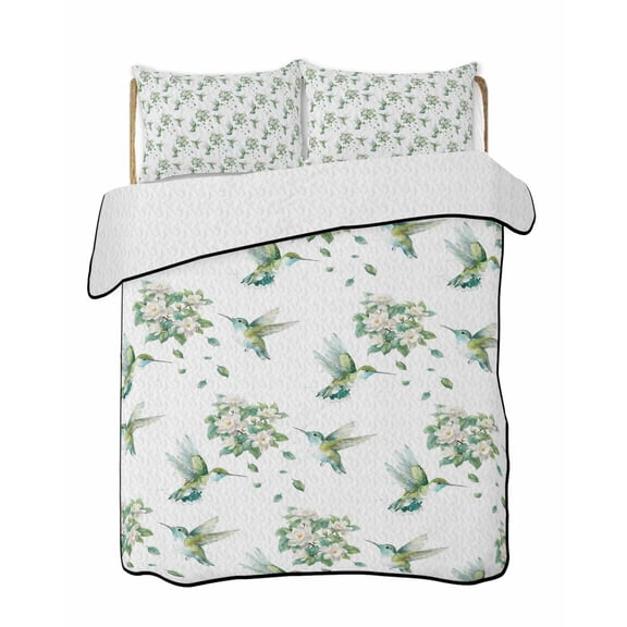 Twin XL Quilt Bedding Set, Summer Botanical Reversible Summer Quilt 3 Pieces, Green Spring Floral Birds Watercolor Lightweight Bedspreads Coverlets with 2 Pillow Shams for All Seasons
