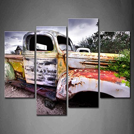 4 Panel Wall Art Wide Angle Shot Of Old Rustic Truck Under Black Sky Painting The