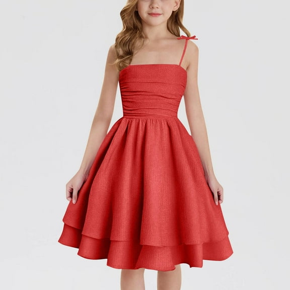 LIJCC Girls A Line Swing Dress Layered Tie Shoulder Flowy Cami Short Dress Summer Spaghetti Strap Flowy Dress Teens Casual Ruched Smocked Sundress Kids Clothes