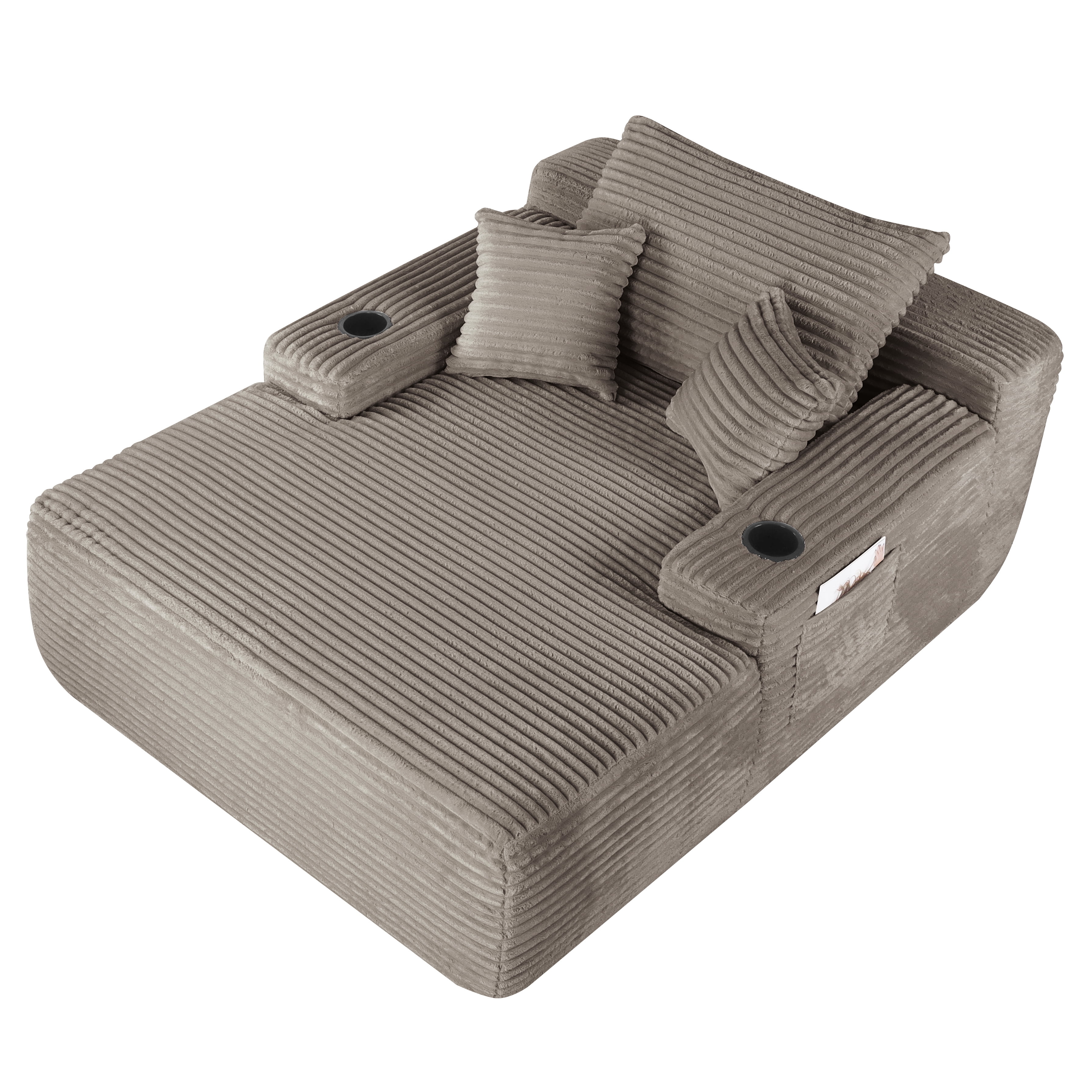 65" Oversized Chaise Lounge Chair with Wide Armrest & Throw Pillows,Corduroy Upholstered Boneless Sleeper Sofa Bed Armchair with Cup Holder for Living Room,No Assembly Required,Grey Brown