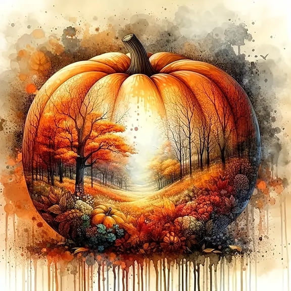 5D Diamond Painting Kit Fall Pumpkin Autumn Forest, Full Round Drill DIY Diamond Art, Harvest Pumpkin Landscape Gem Painting Picture for Home Wall Decor