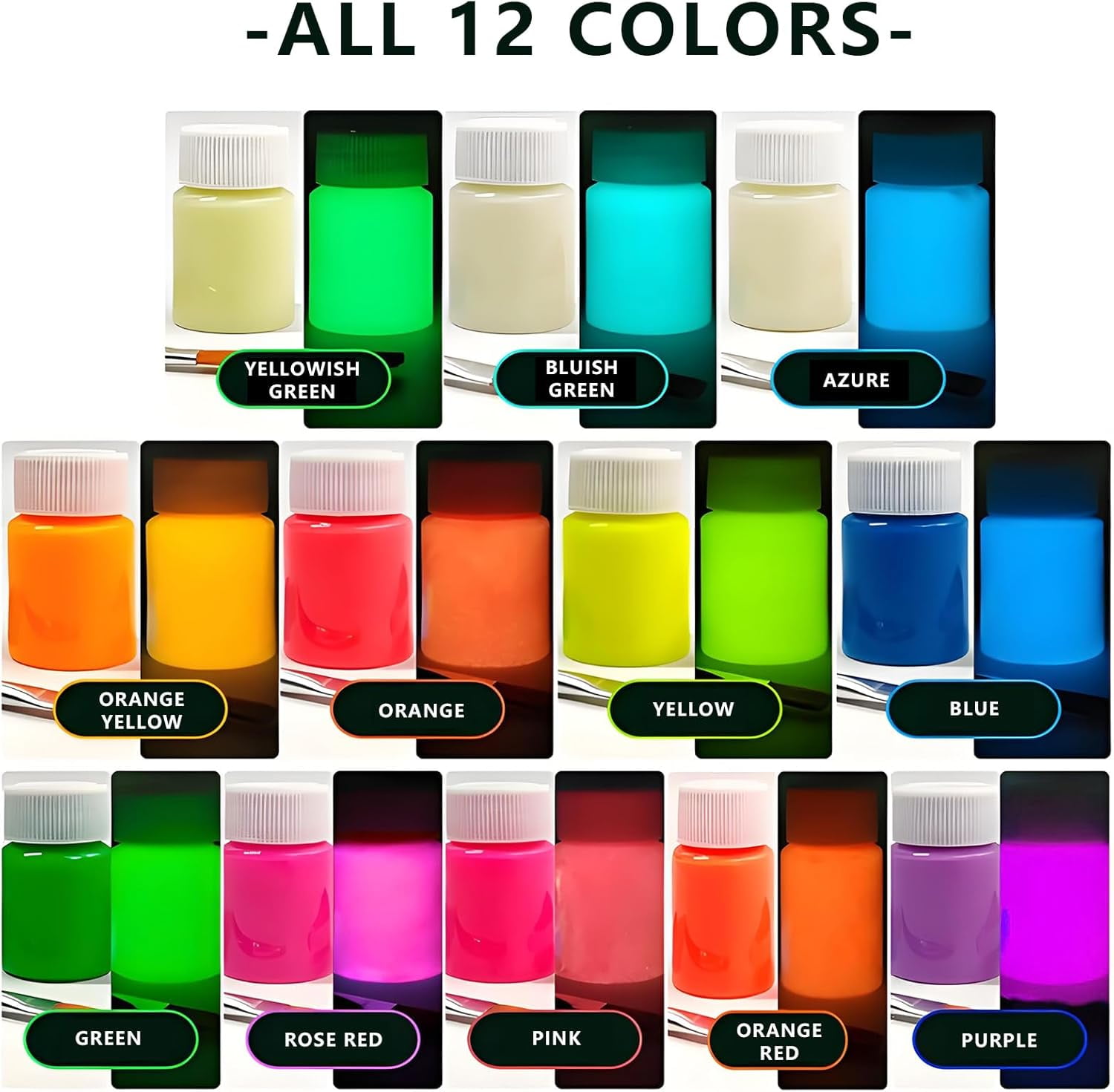 GOODTAKE Acrylic Glow in The Dark Paint, 12 Bright Colours Liquid Fluorescent Paints, Neon Paints Glow in Dark for Painting, Halloween Decoration, DIY Crafts, Black Light Paint 25 ml Each with Brushe