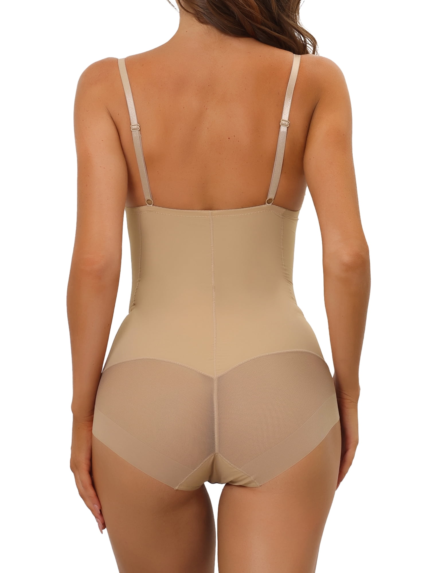 Unique Bargains Women's Straps Leotard Tummy Slimmer Bodysuit Shapewear with Bra L Beige