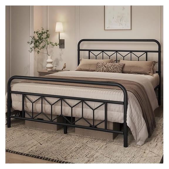 NALYL Queen Bed Frames Metal Platform Bed with Vintage Style Headboard/Mattress Foundation/No Box Spring Needed/Under Bed Storage/Strong Slat Support Black Queen Bed
