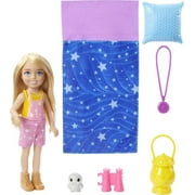 Barbie It Takes Two Chelsea Doll Set with Owl, Sleeping Bag & Camping Acccessories, Blonde Small Doll