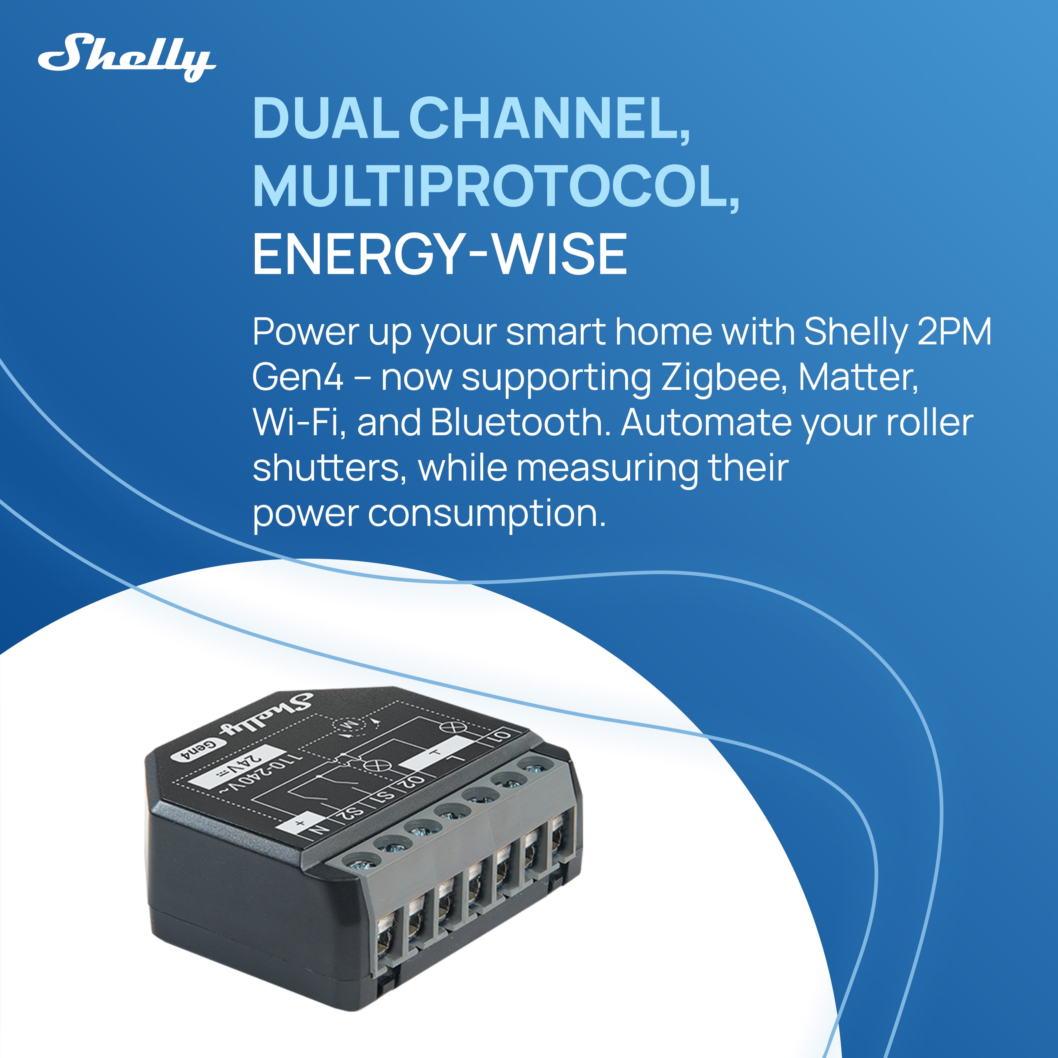 Shelly 2PM Gen4 16A 2-Channel (2x10A) Smart Relay with Power Measurement (Wi-Fi, Matter & Zigbee)