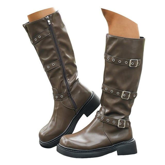 Dakaela Knee High Boots Women Square Toe Pull on Riding Boot Buckles Wide Calf Platform Winter Dress Shoes