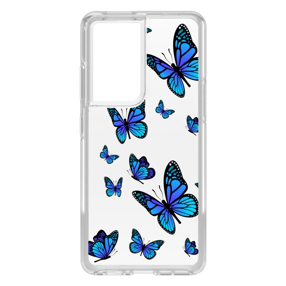 DistinctInk Clear Shockproof Hybrid Case for Galaxy S21 ULTRA 5G (6.8" Screen) - TPU Bumper Acrylic Back Tempered Glass Screen Protector - Blue Butterflies Butterfly
