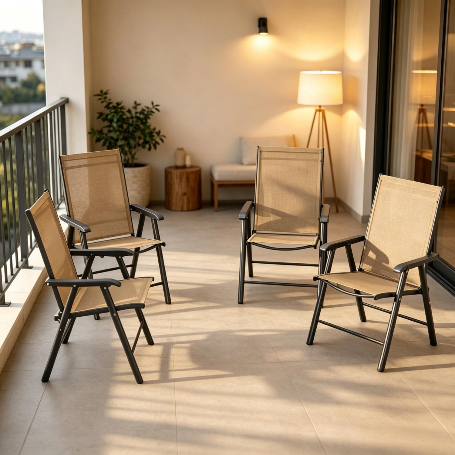 Outdoor Folding Chairs Set of 4, Portable Lawn Chairs with Breathable Sling Mesh, Powder-Coated Steel Frame, Armrests for Camping, Patio, Beach, Events, Black & Brown