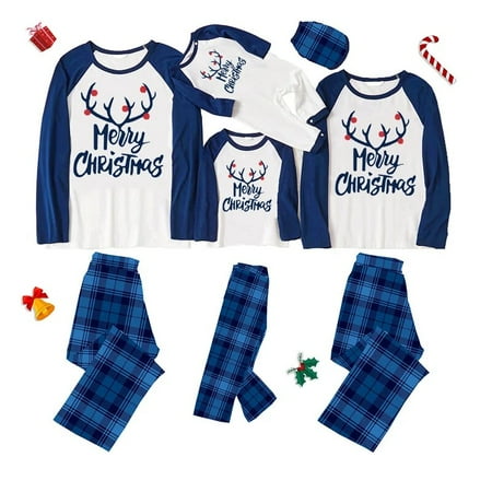 

Christmas Matching Family Pajamas Merry Christmas Elk Antlers Blue Plaids Pajamas Set